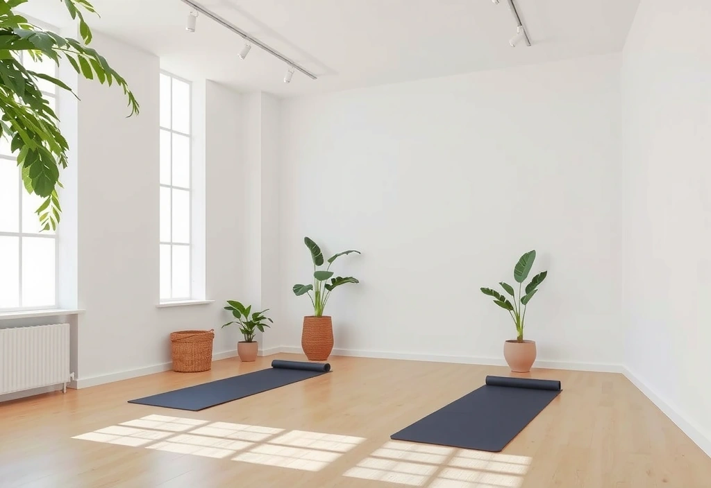 A beautifully designed, minimalist yoga studio interior with natural light, plants, and wooden floors, creating a calming atmosphere.
