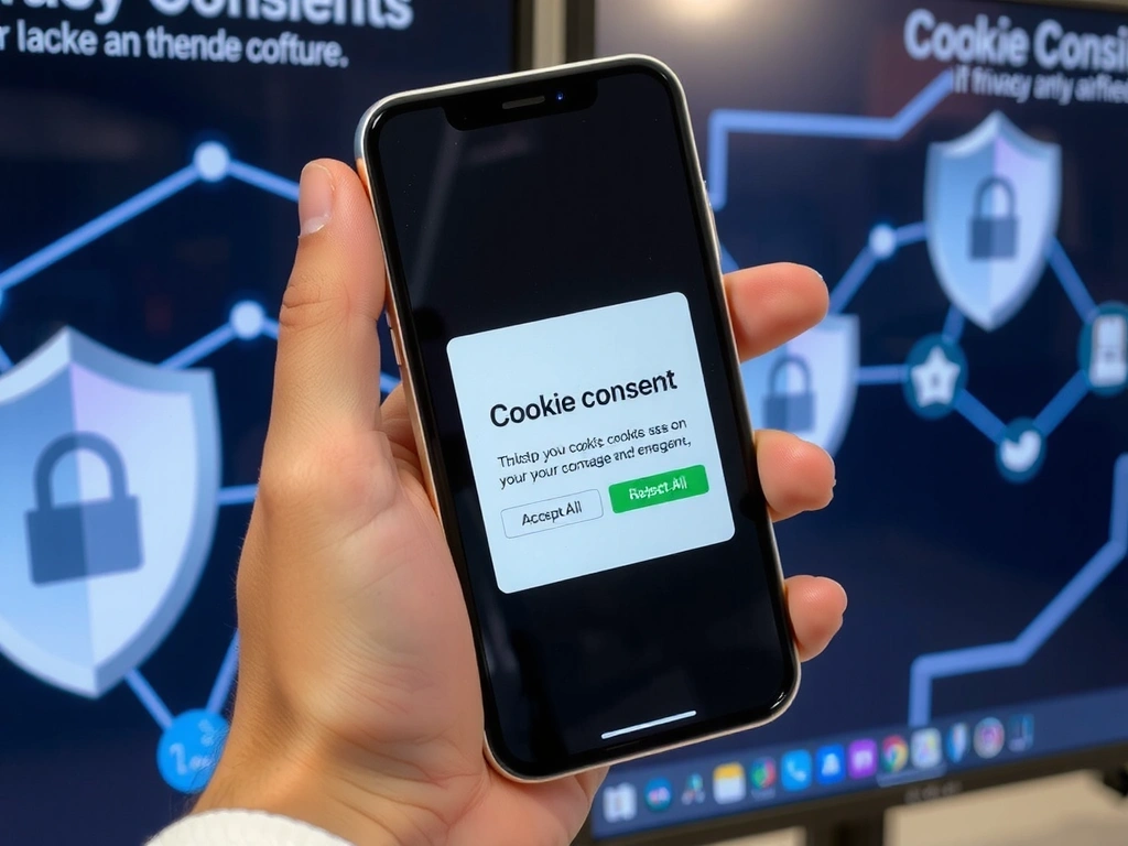 A hand holding a mobile phone displaying cookie consent options, with privacy shields in the background