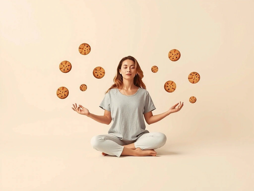 Illustration of a person meditating with abstract cookie icons floating around