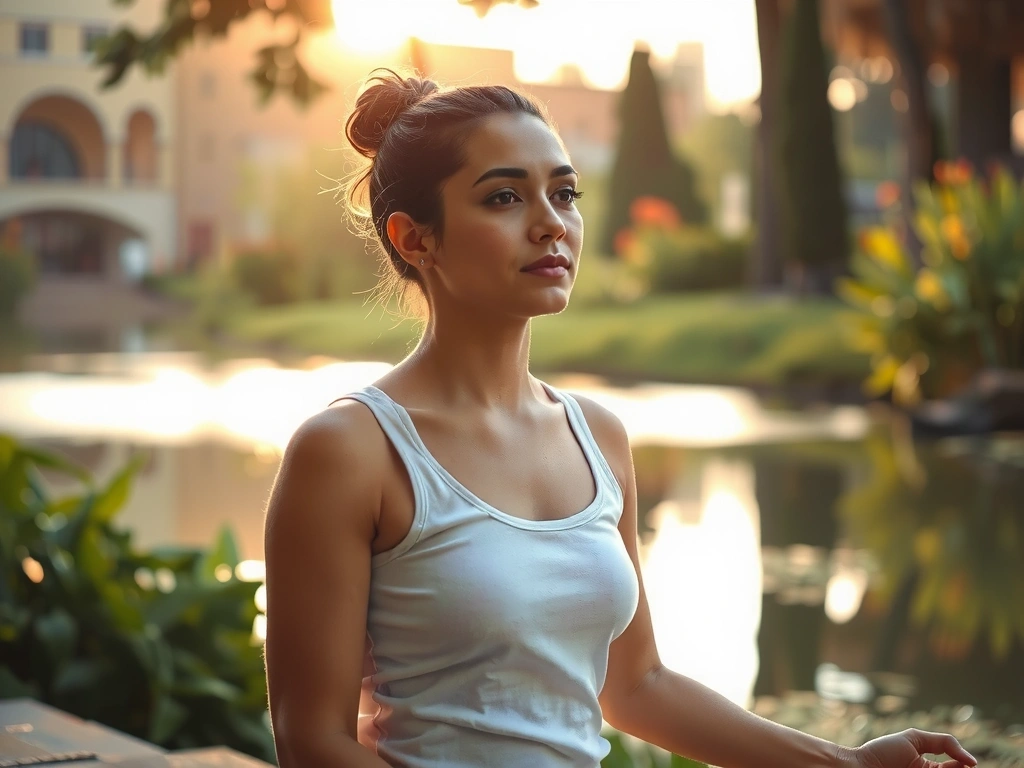 Person meditating in a serene, natural setting with a peaceful expression, symbolizing inner harmony.