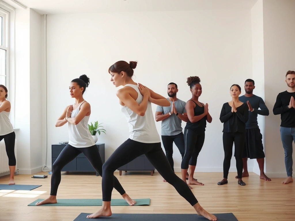 Yoga instructor guiding a class with hands-on adjustments and verbal cues.