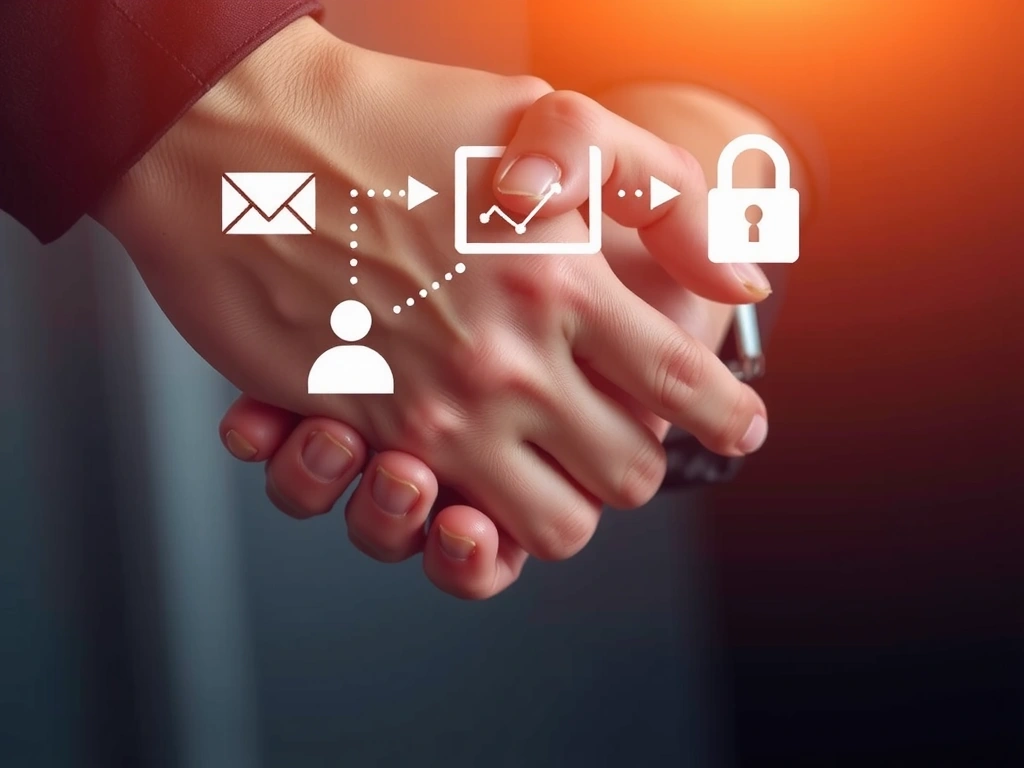 Two hands clasped together, symbolizing trust and secure data sharing, with a subtle digital overlay.