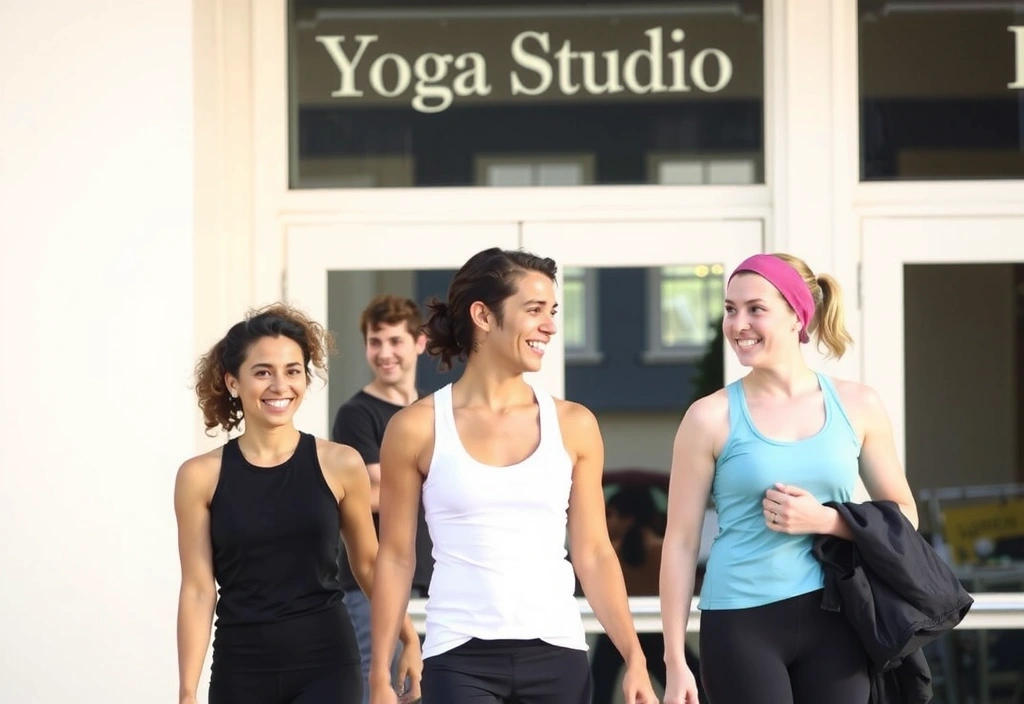 Chloe laughing with friends after a yoga class
