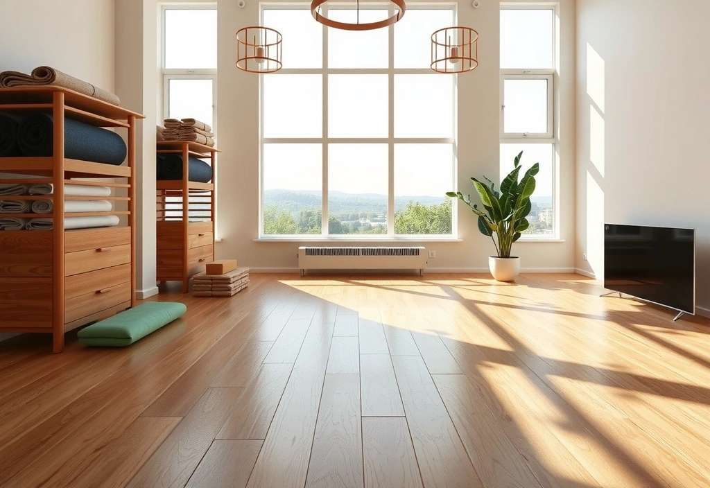 Bright, spacious yoga studio interior with natural light and minimalist decor