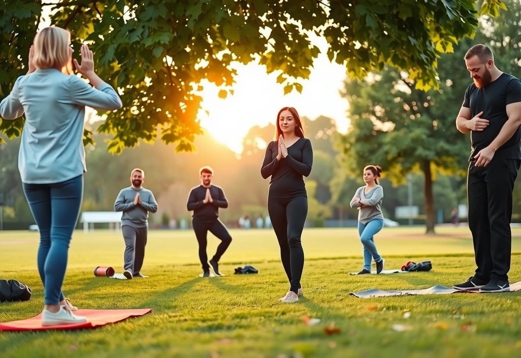 Instructor leading an outdoor yoga session in a park during sunrise with a small group